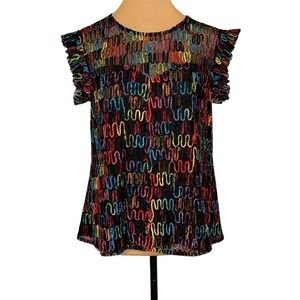 Anthropologie x Eva Franco Ruffled Sleeves‎ Rainbow Embroidered Black Sheer Top